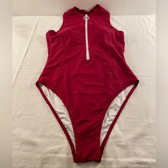 One Piece Zip Front Racerback Swimsuit Red Size L - Picture 4 of 8